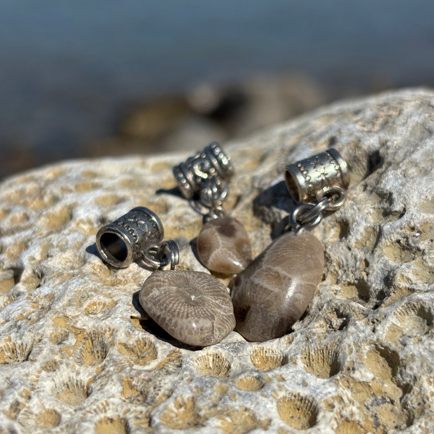 Petoskey Stone Beads with Sterling Silver Dangle