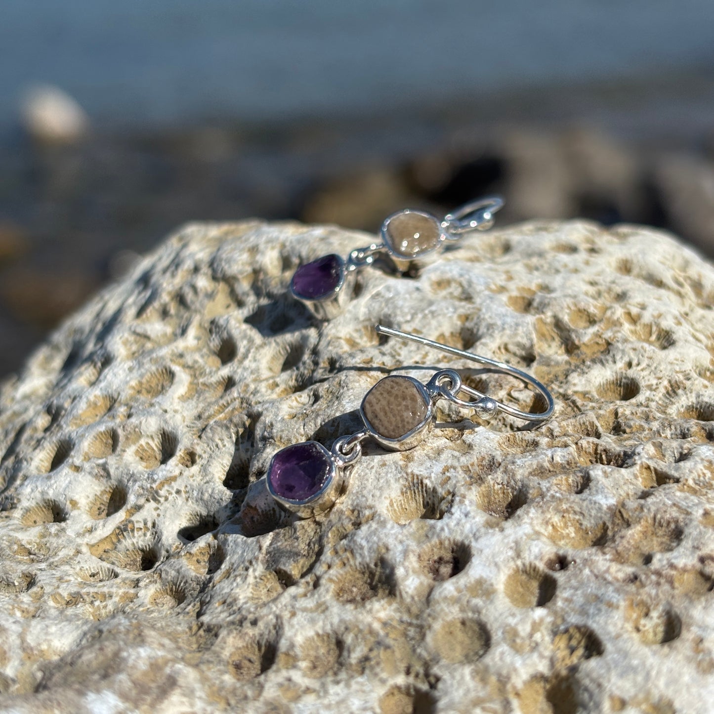 Petoskey Stone Dangle Earring with Amethyst