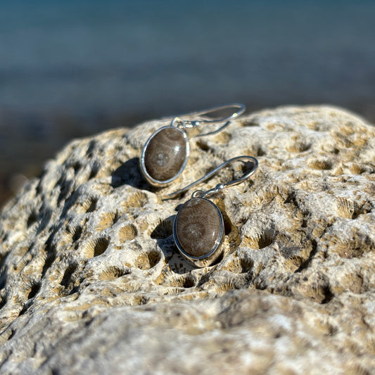 Petoskey Stone Dangle Earrings with Sterling Silver