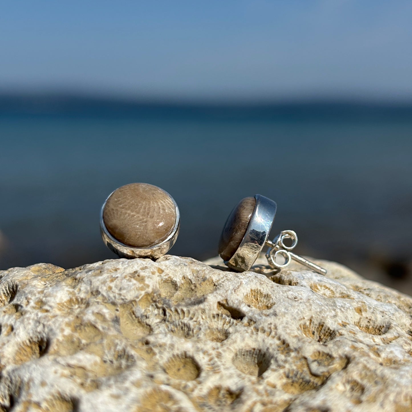 Petoskey Stone Stud Earring with Sterling Silver