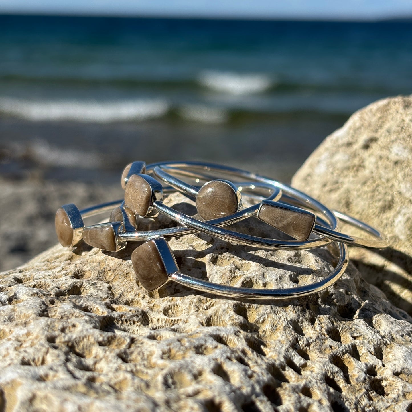 Sterling Silver Petoskey Stone Bangle Bracelets