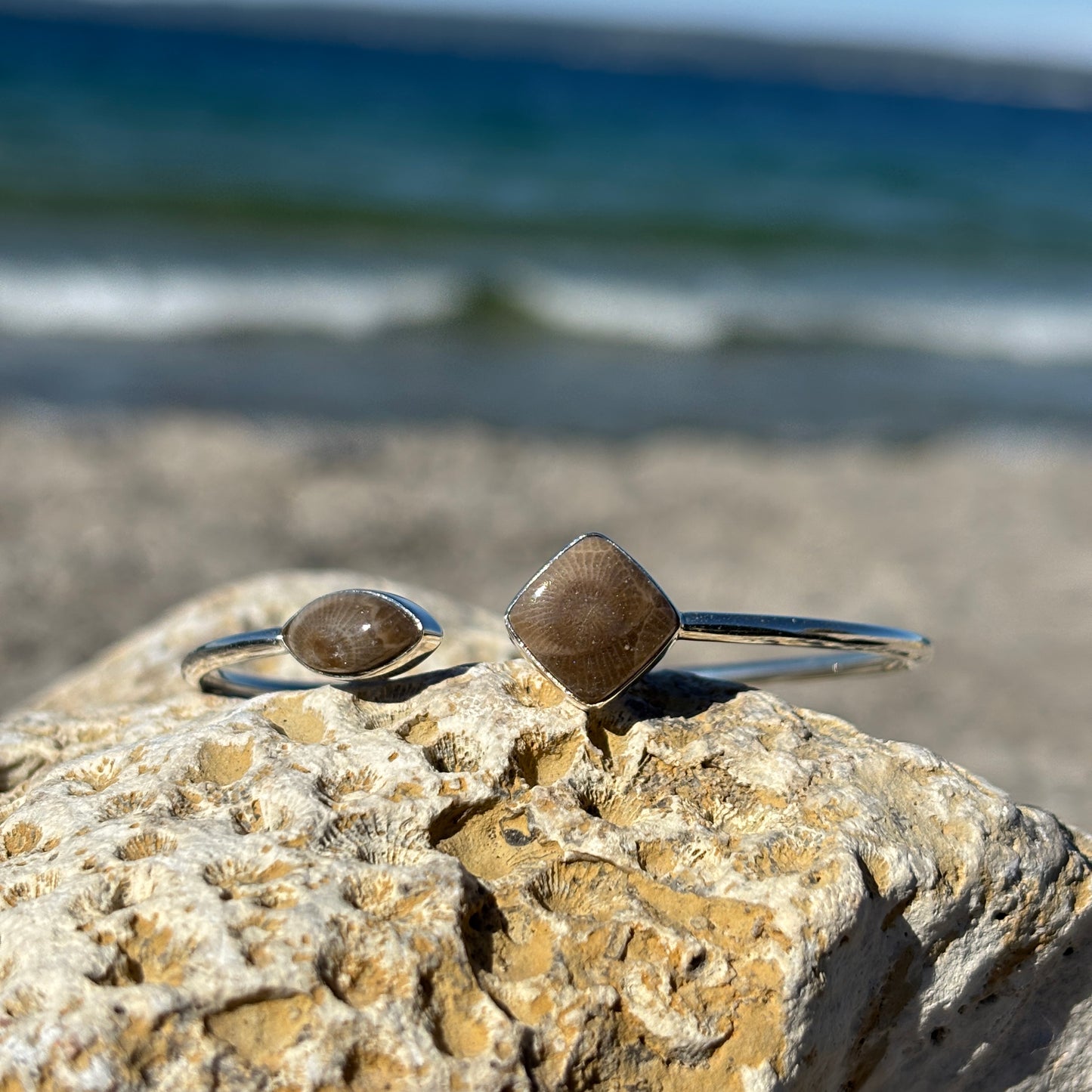 Sterling Silver Petoskey Stone Bangle Bracelets