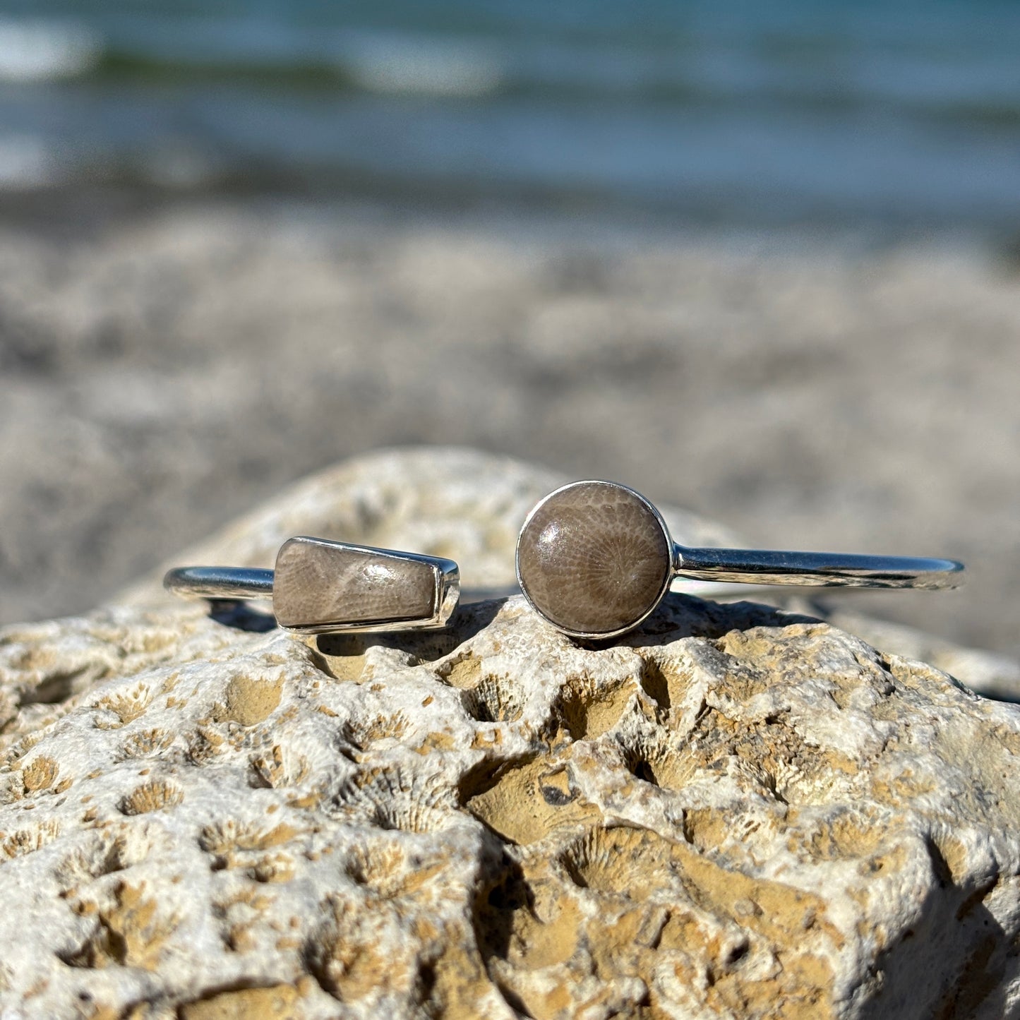 Sterling Silver Petoskey Stone Bangle Bracelets