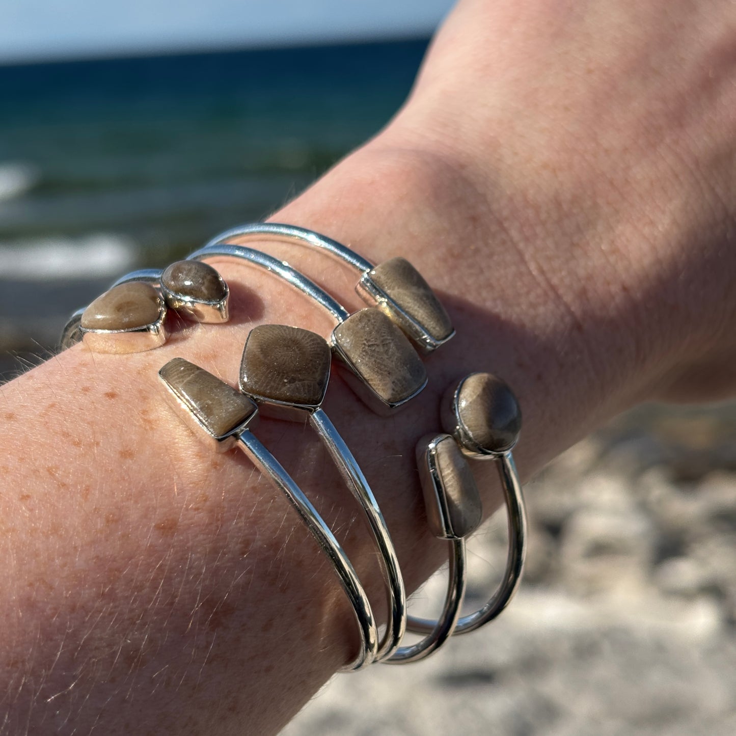 Sterling Silver Petoskey Stone Bangle Bracelets