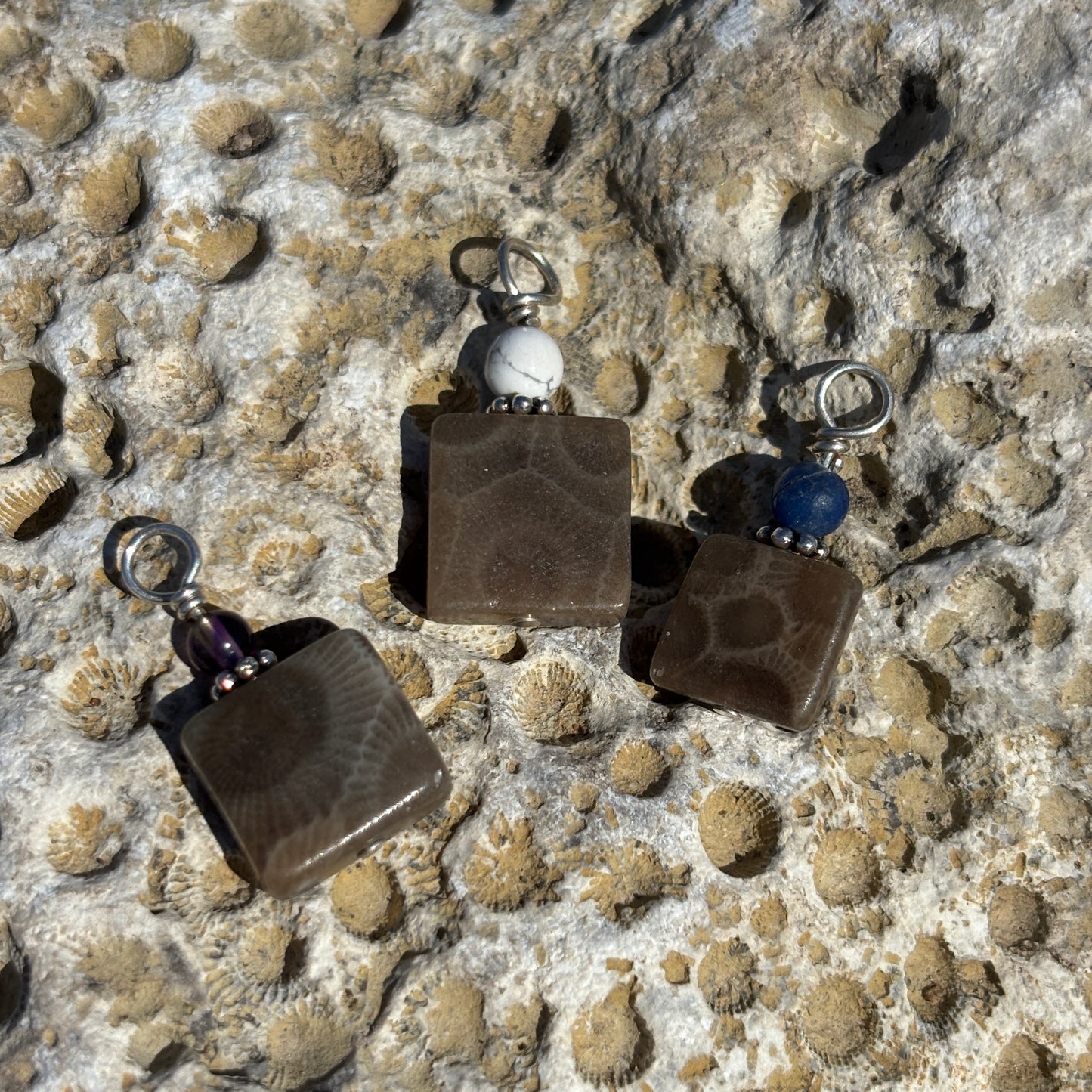 Square Petoskey Stone With Colored Bead Charm