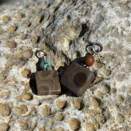Square Petoskey Stone With Colored Bead Charm