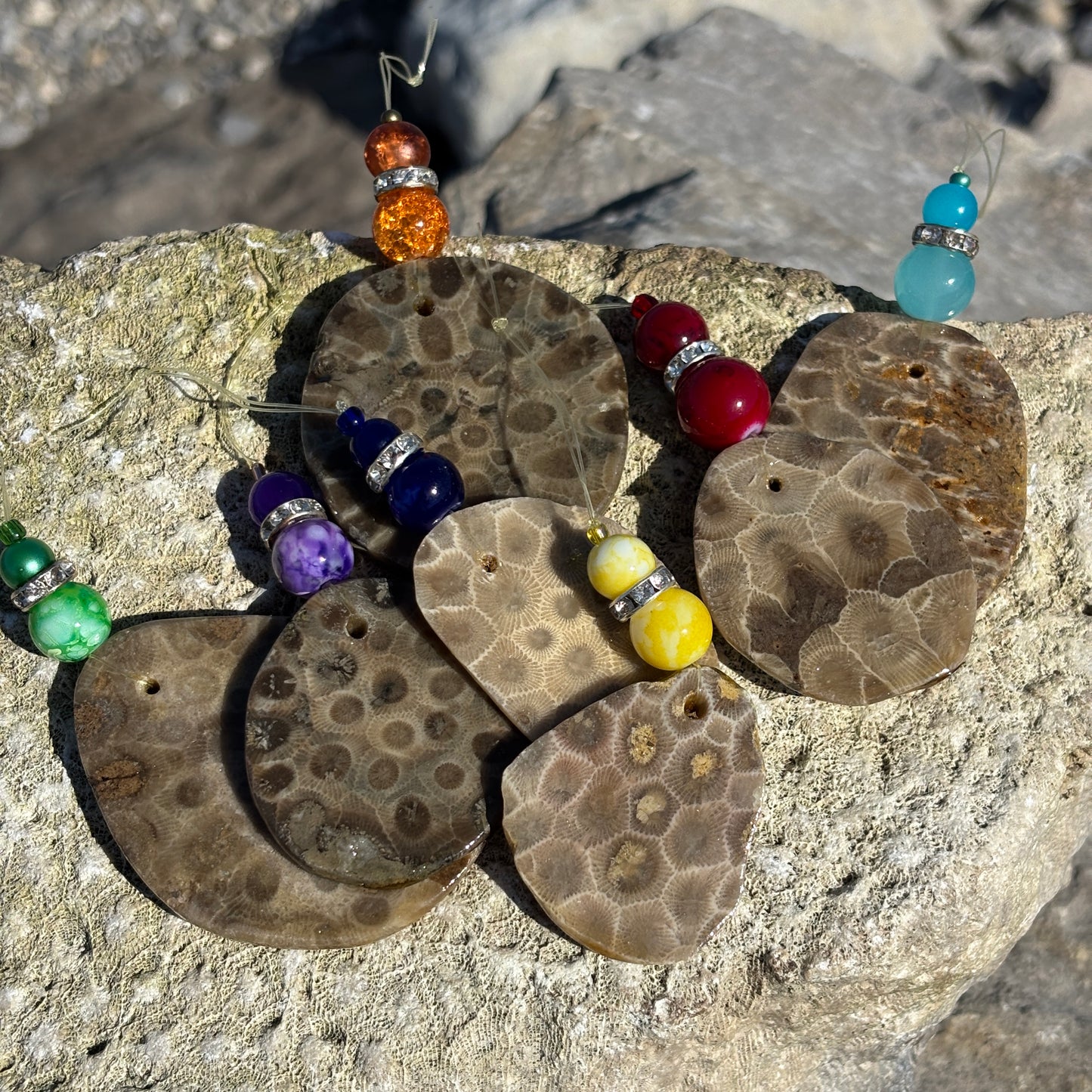 Petoskey Stone Natural Ornaments with Beads