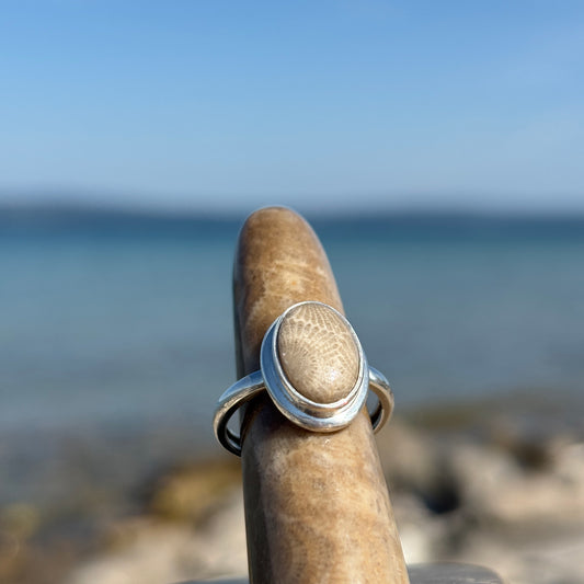 Petoskey Stone Sterling Silver Ring with Frame