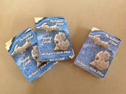 Fanned out display of three packaged playing card decks. Covers show a blue background behind a michigan shape filled with petoskey stone pattern. Perfect for a Michigan night with the gang.