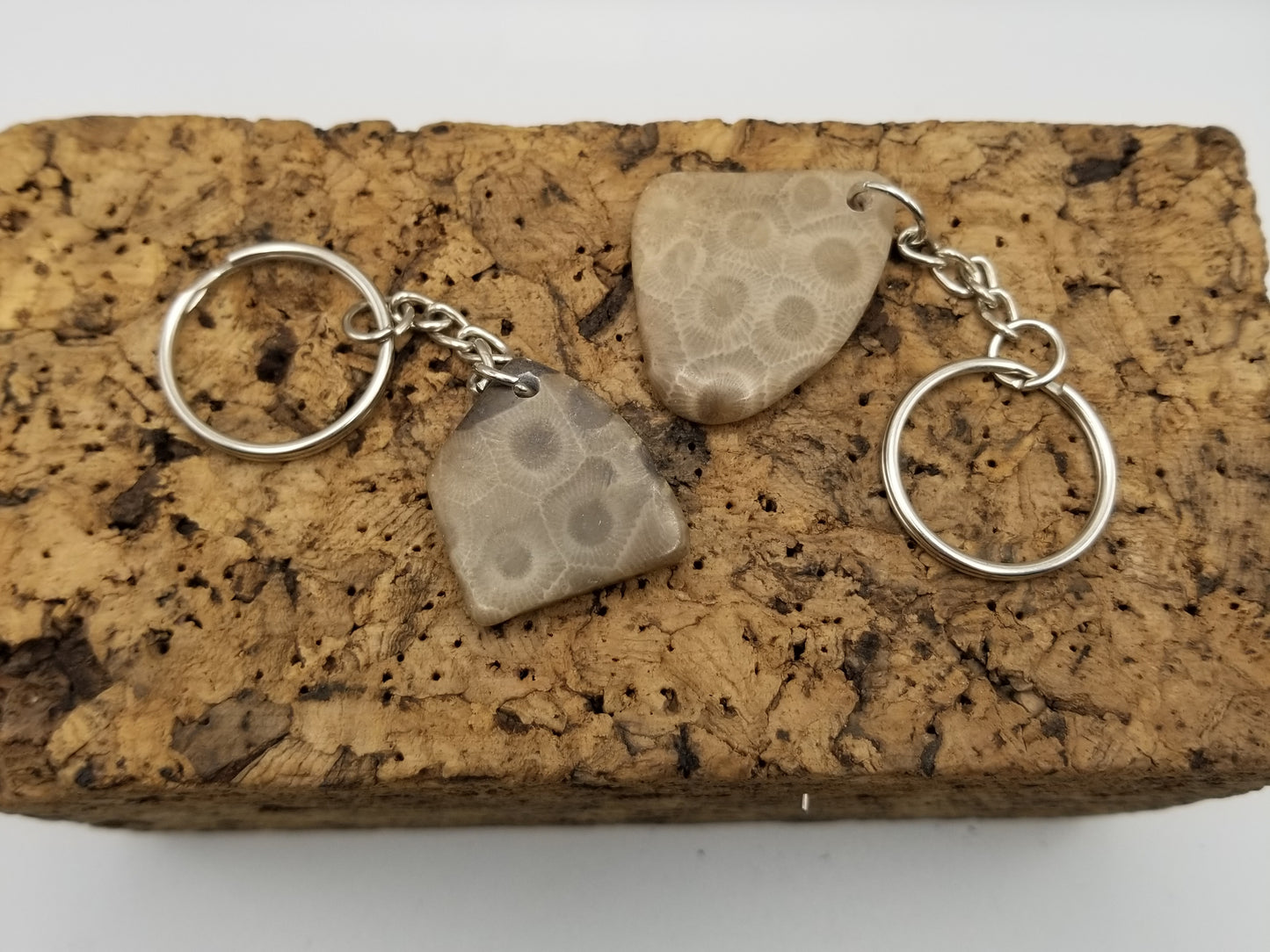 Natural shaped petoskey stones attached by stainless steel chain to a key ring. They sit atop a cork square. Stones on the keychains will vary slightly in sizing and patten.
