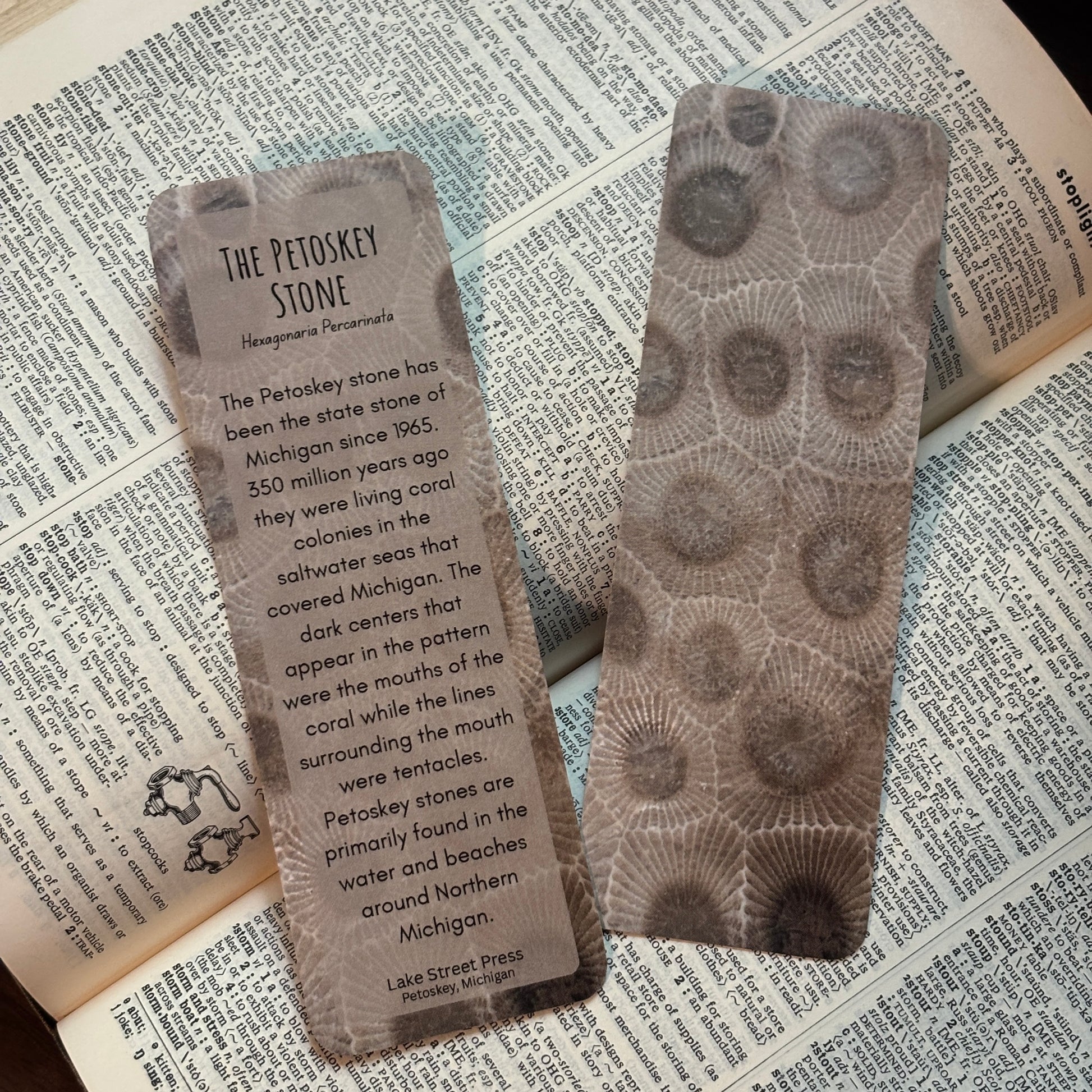 Two rectangular bookmarks with Petoskey stone fossil pattern and text about 'The Petoskey Stone' resting on an open book.