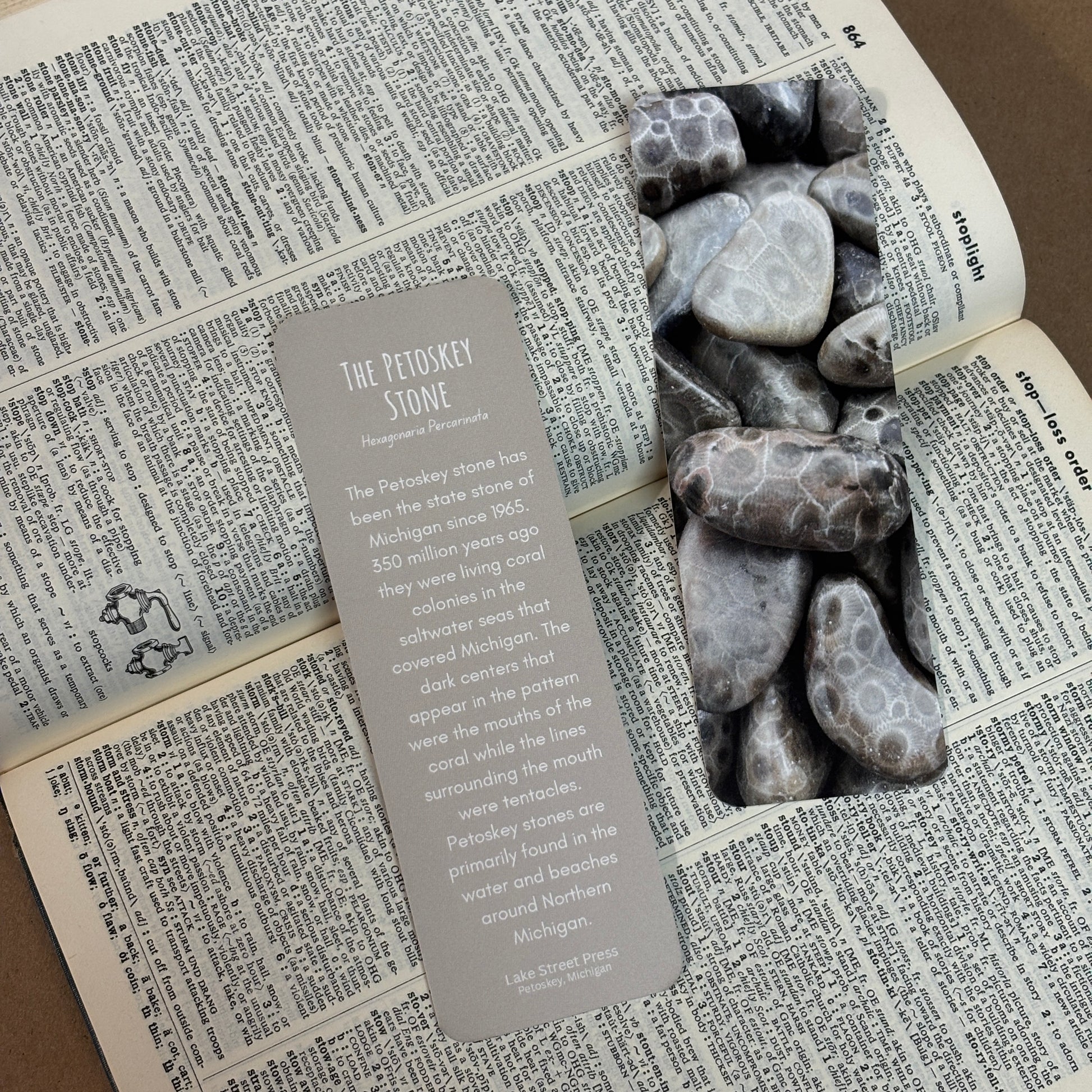 A rectangular book bookmark with a gray panel containing text about the Petoskey Stone, placed on an open book next to a decorative stone-patterned bookmark featuring polished petoskey stones.