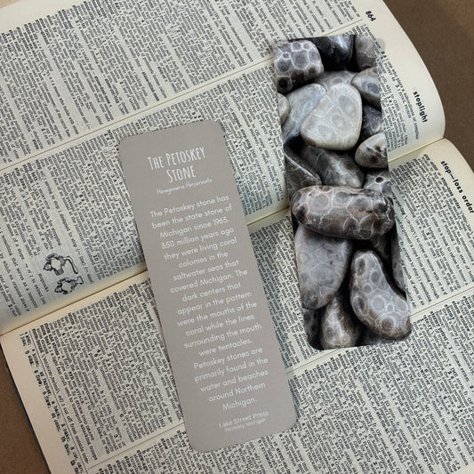 A rectangular book bookmark with a gray panel containing text about the Petoskey Stone, placed on an open book next to a decorative stone-patterned bookmark featuring polished petoskey stones.