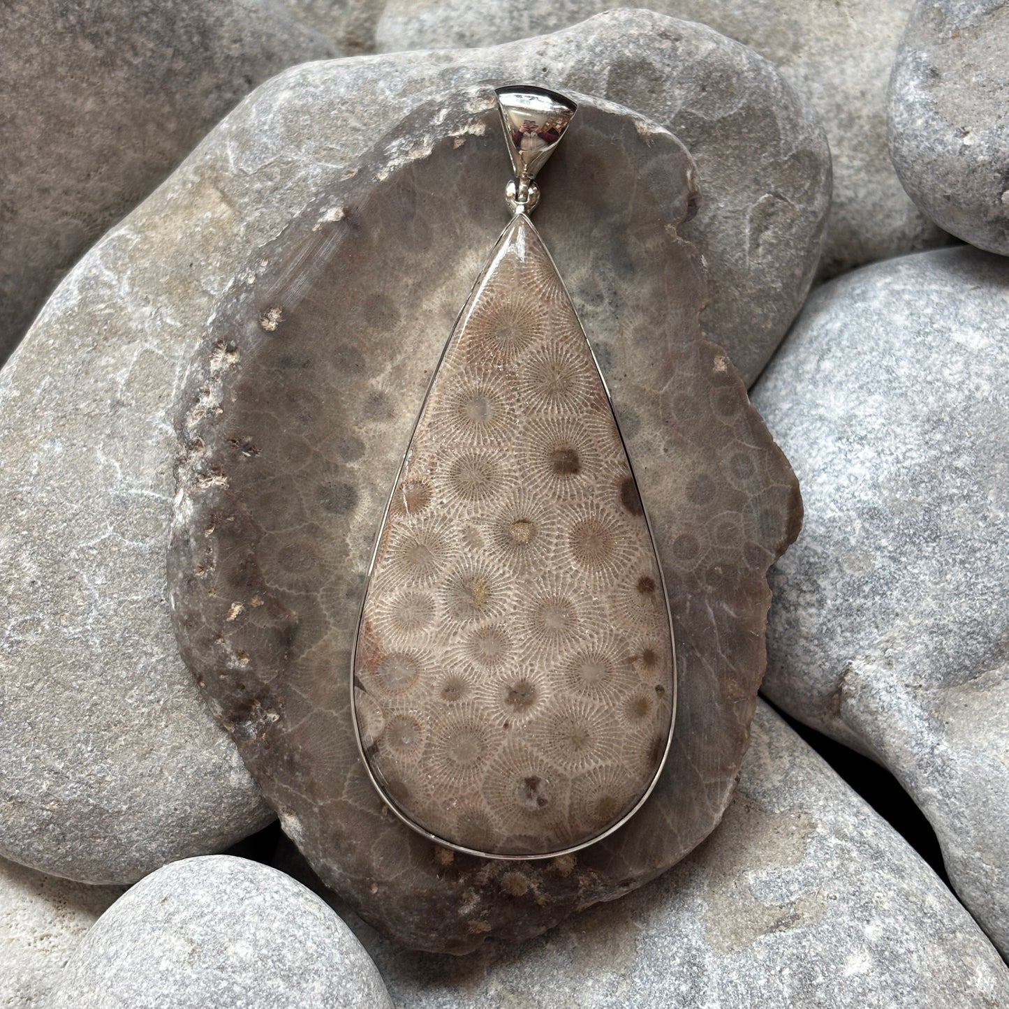 Petoskey Stone Necklace Pendant Encased in Sterling Silver Teardrop Shape