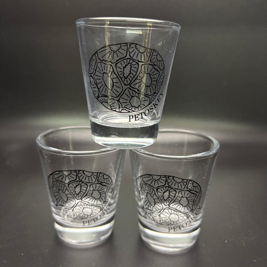 Three clear shot glasses with a black petoskey stone design on a dark background