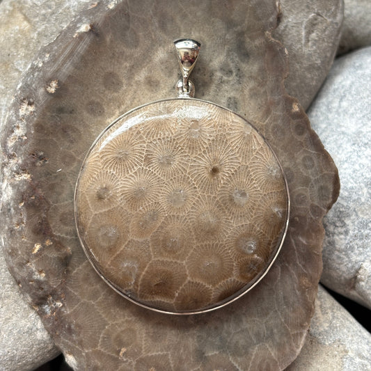 Petoskey Stone Necklace Pendant Encased in Sterling Silver Circle Shape
