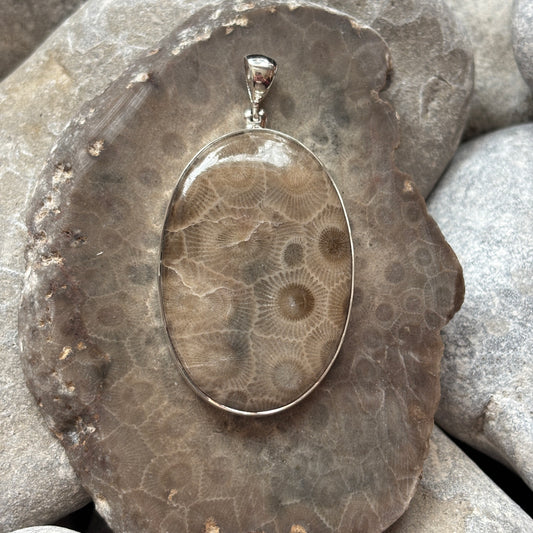 Petoskey Stone Necklace Pendant Encased in Sterling Silver Oval Shape