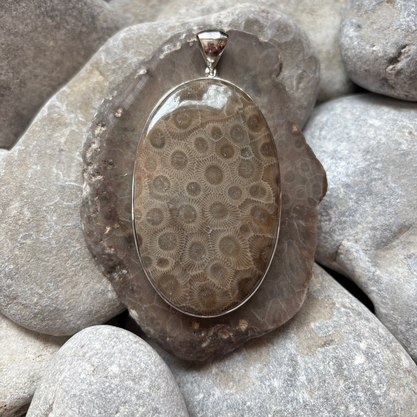 Petoskey Stone Necklace Pendant Encased in Sterling Silver Oval Shape
