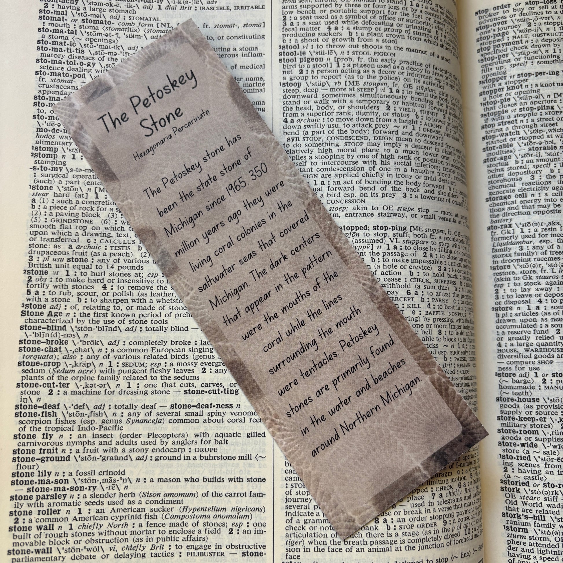 Paper bookmark with 'The Petoskey Stone' information on an open book