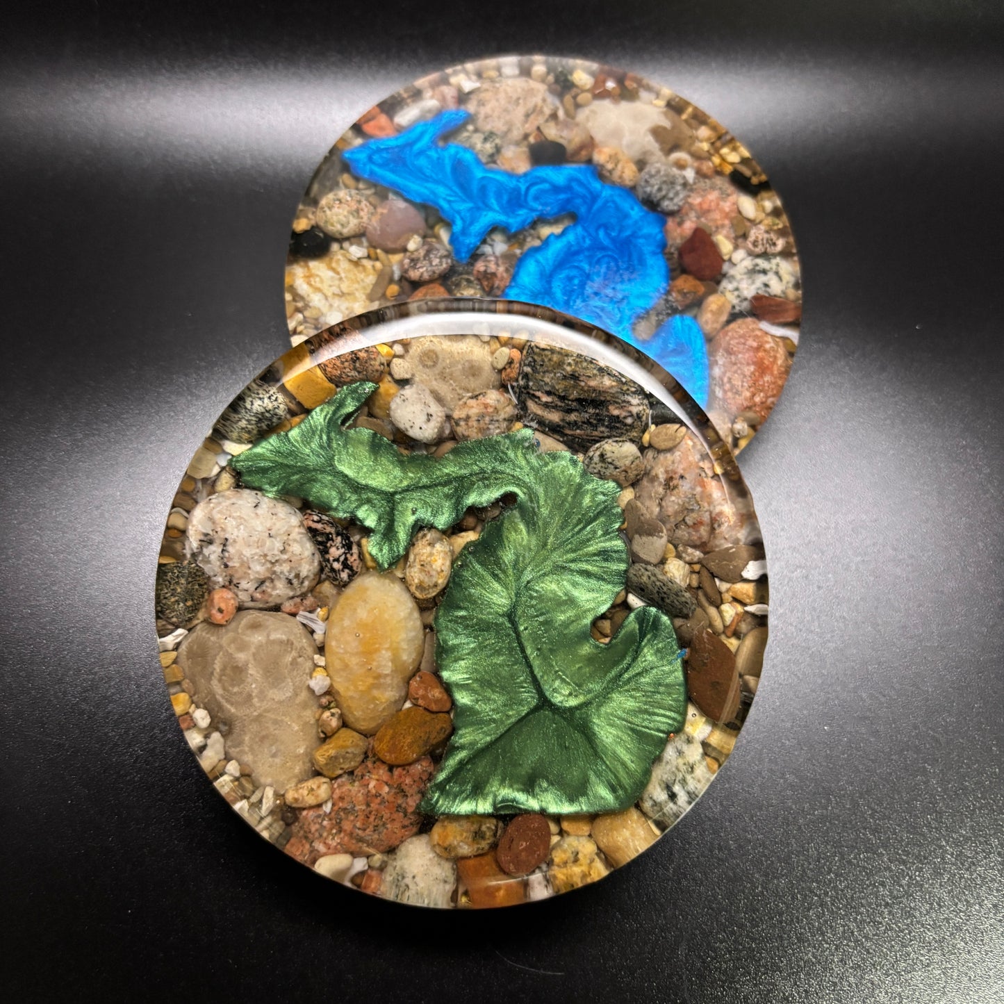 Round Michigan Coasters with Petoskey Stone