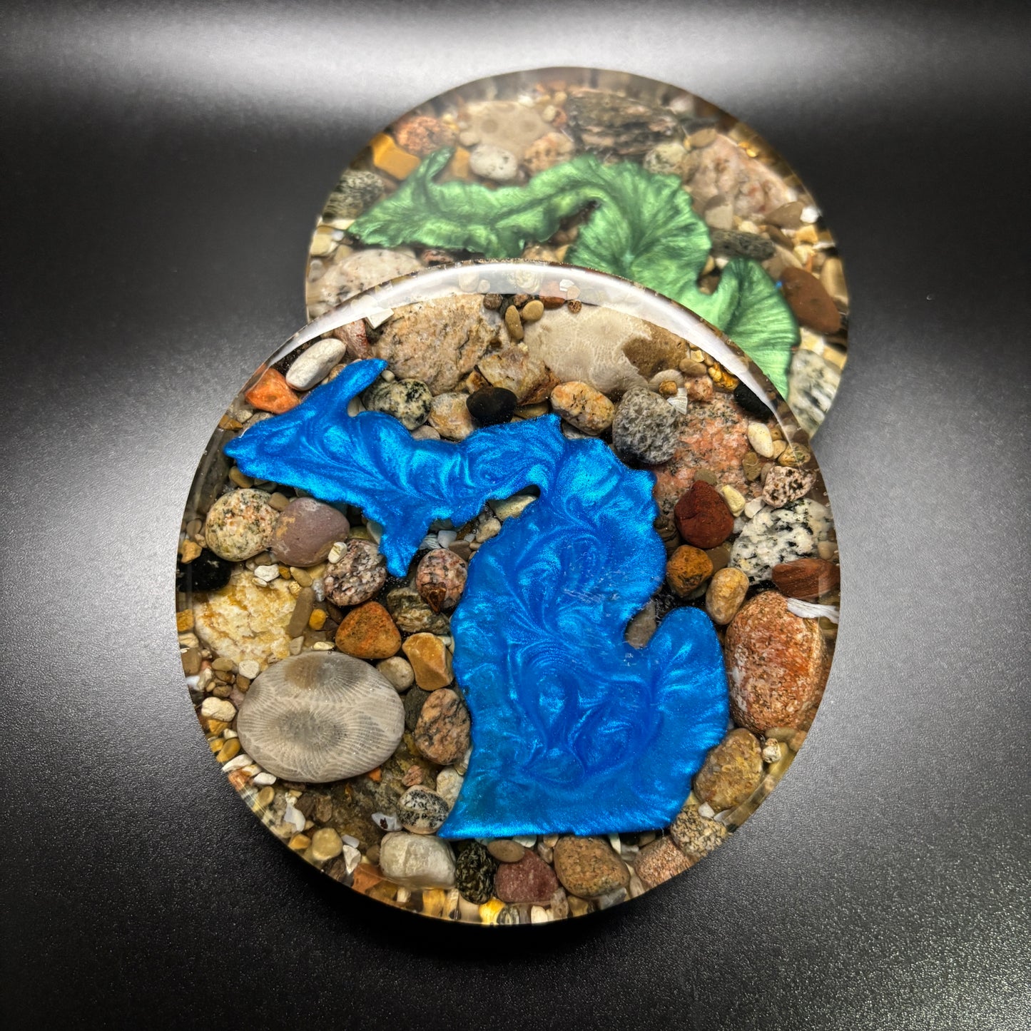 Round Michigan Coasters with Petoskey Stone