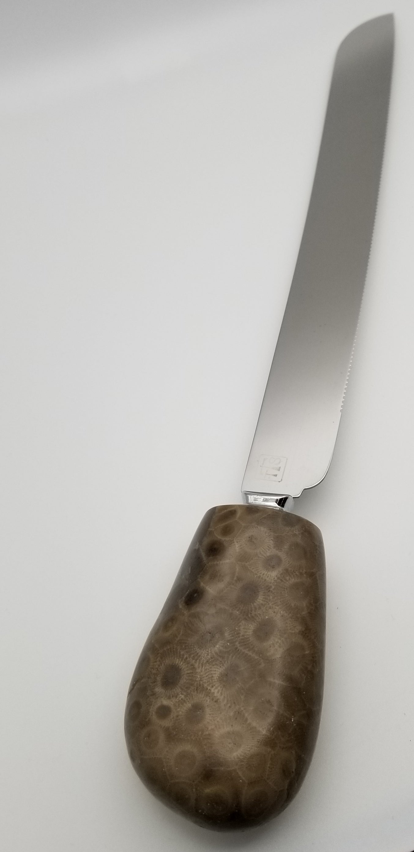 Serrated stainless steel kitchen knife with petoskey stone handle. Fully polished Petoskey stone handle.
