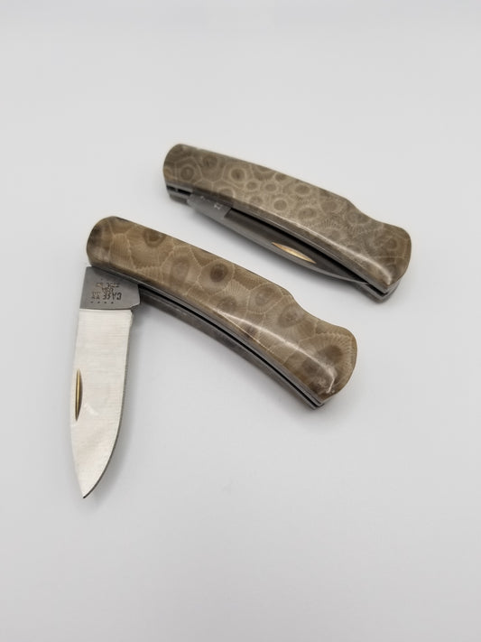 Two pocket knives with Case brand blades and petoskey stone handles on both sides. Front knife is slightly open, showing the Case blade.
