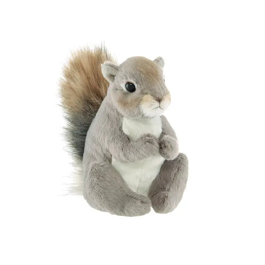 Eastern grey squirrel stuffed animal with semi-realistic features. Soft fabric fur and a bushy tail that goes from grey to brown. White stomach and adorable big black eyes complete this little guy's look.