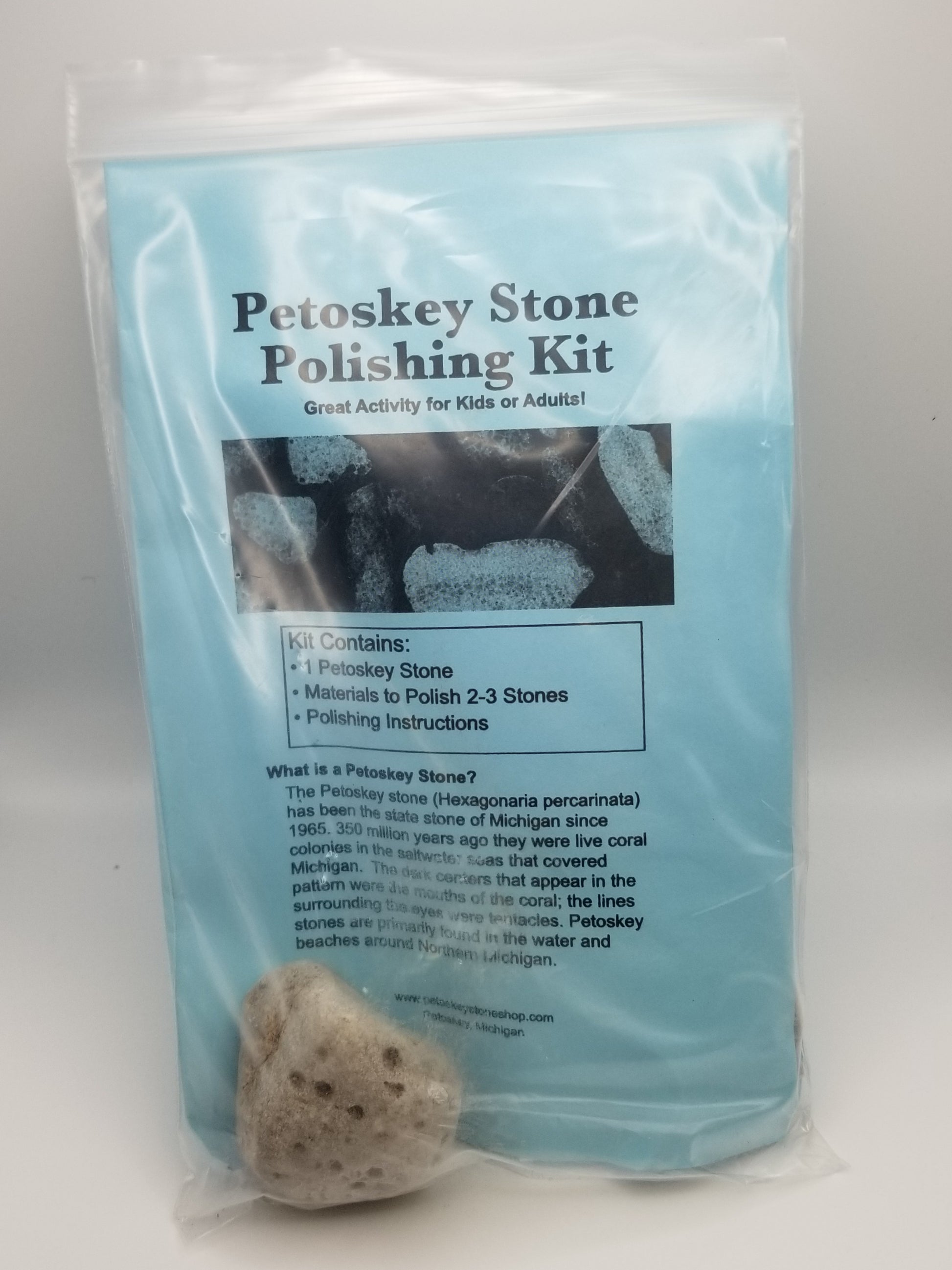 A petoskey stone polishing kit sitting upright on a white background. The kit instructions are a light blue color and the raw petoskey stone to be polished is inside the kit bag on the bottom left. Stone clearly has petoskey stone indentations.