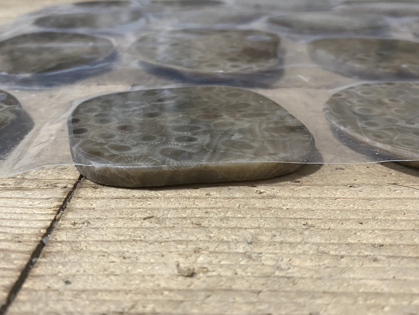 Close up of the side view on the tile square. Shows thickness of the petoskey stones.